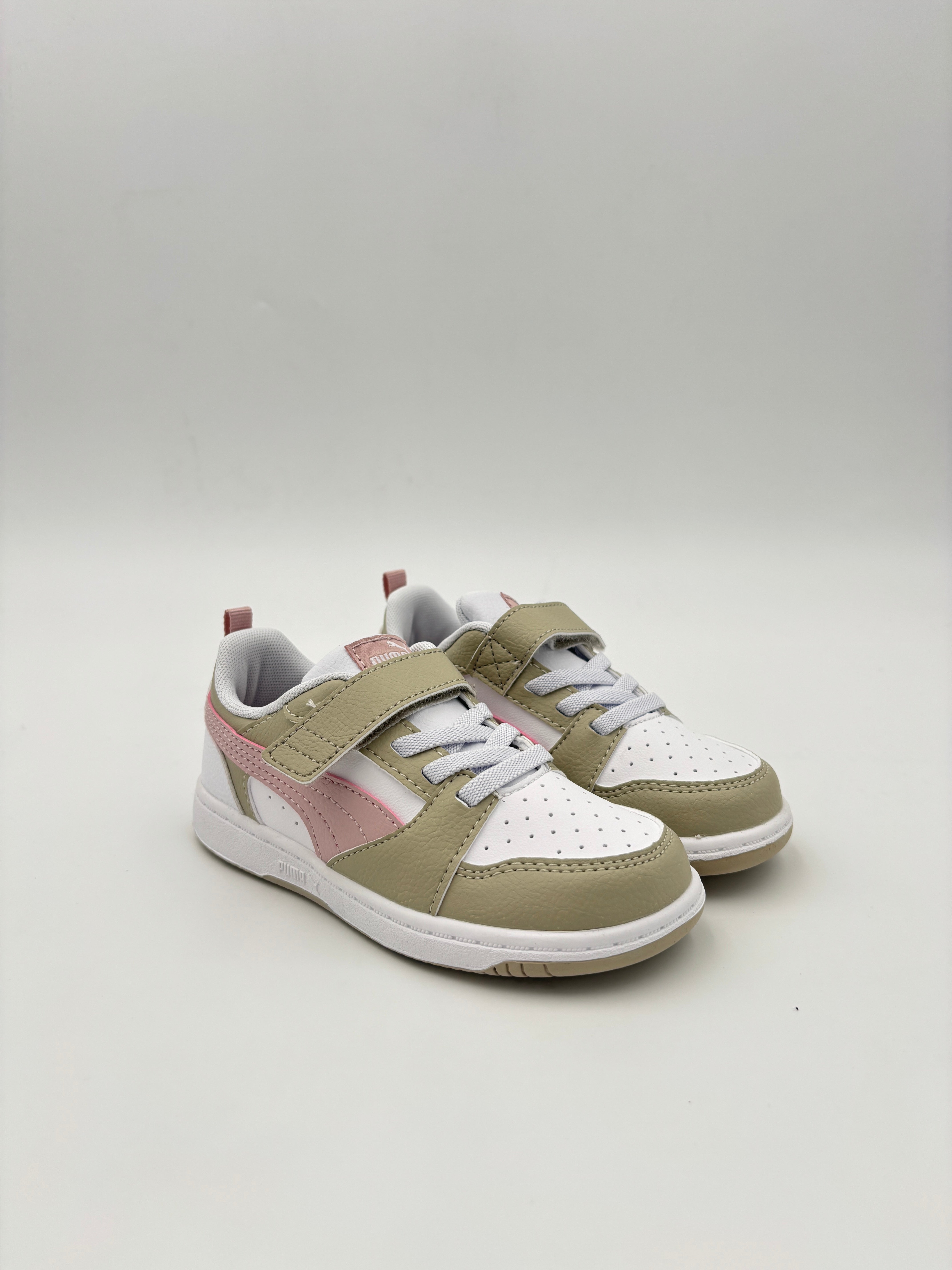Puma Kid's Rebound Hook N' Loop Low White/Dust/Pink Sneaker Shoes