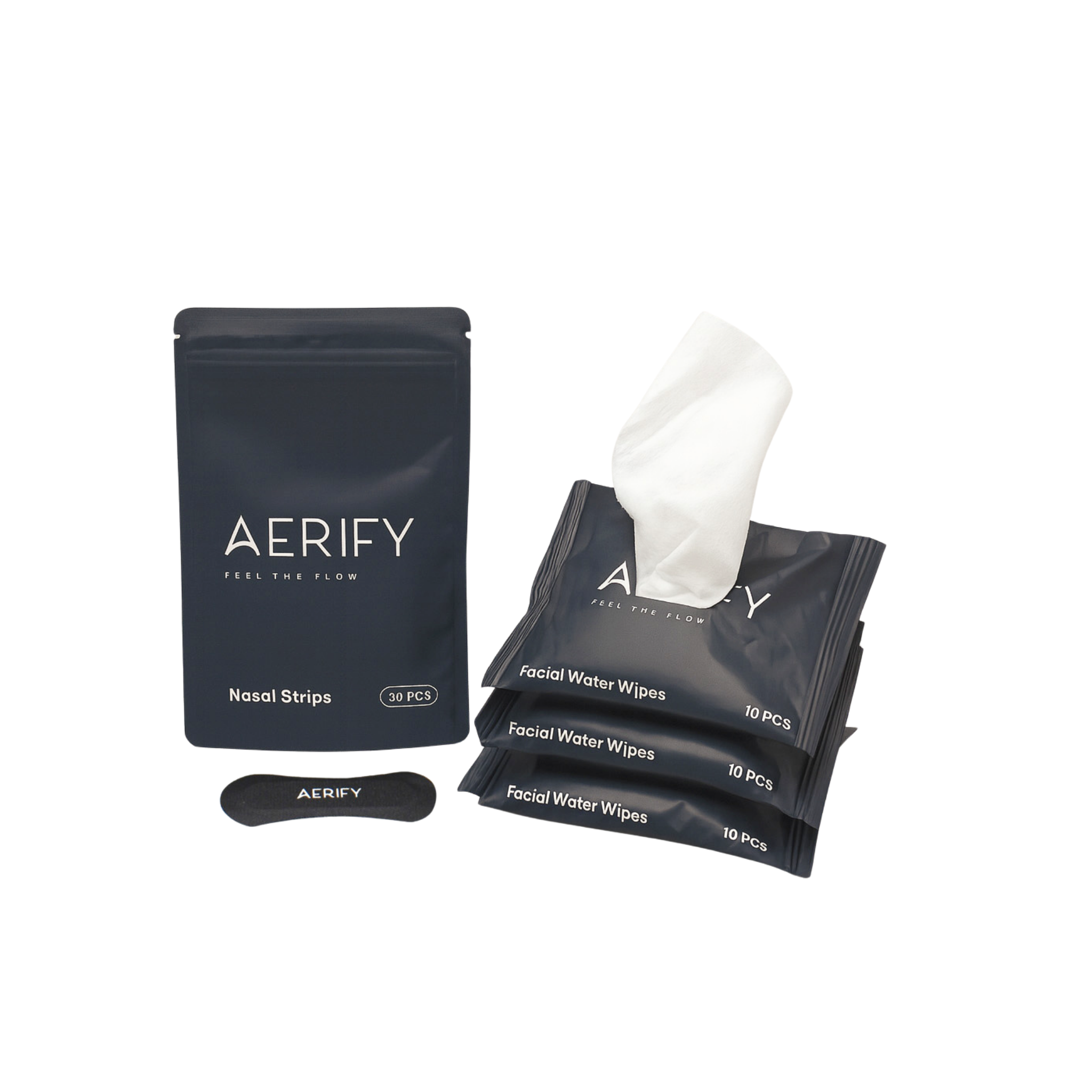 Aerify nasal strips and facial water wipes.
Aerify nasal strips for snoring relief.
Gently open nasal passages with Aerify nasal strip.