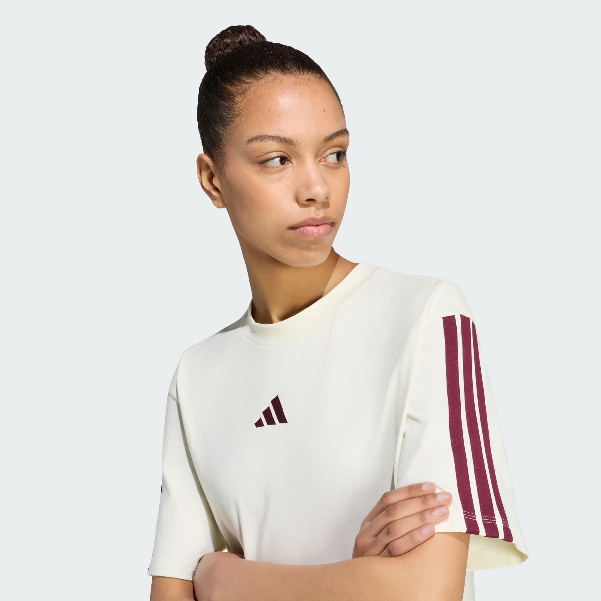 ADIDAS WOMEN'S ESSENTIALS 3-STRIPES BOYFRIEND IVORY/MAROON TEE