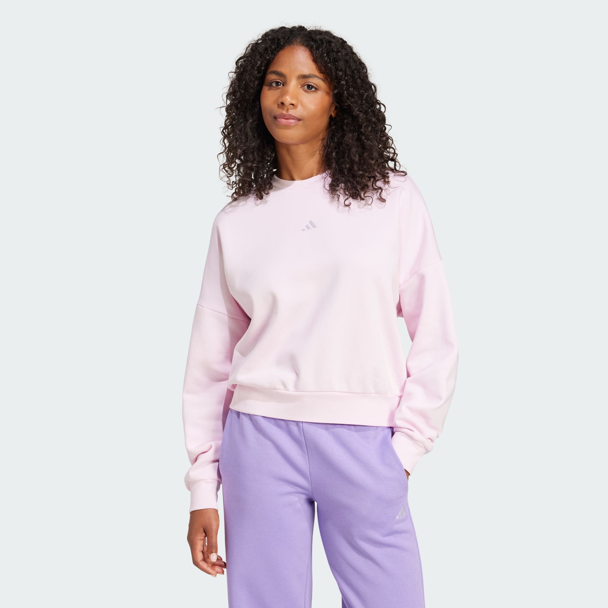 Adidas Women's Small Logo Feelcozy Fleece Crew Pink Sweatshirt