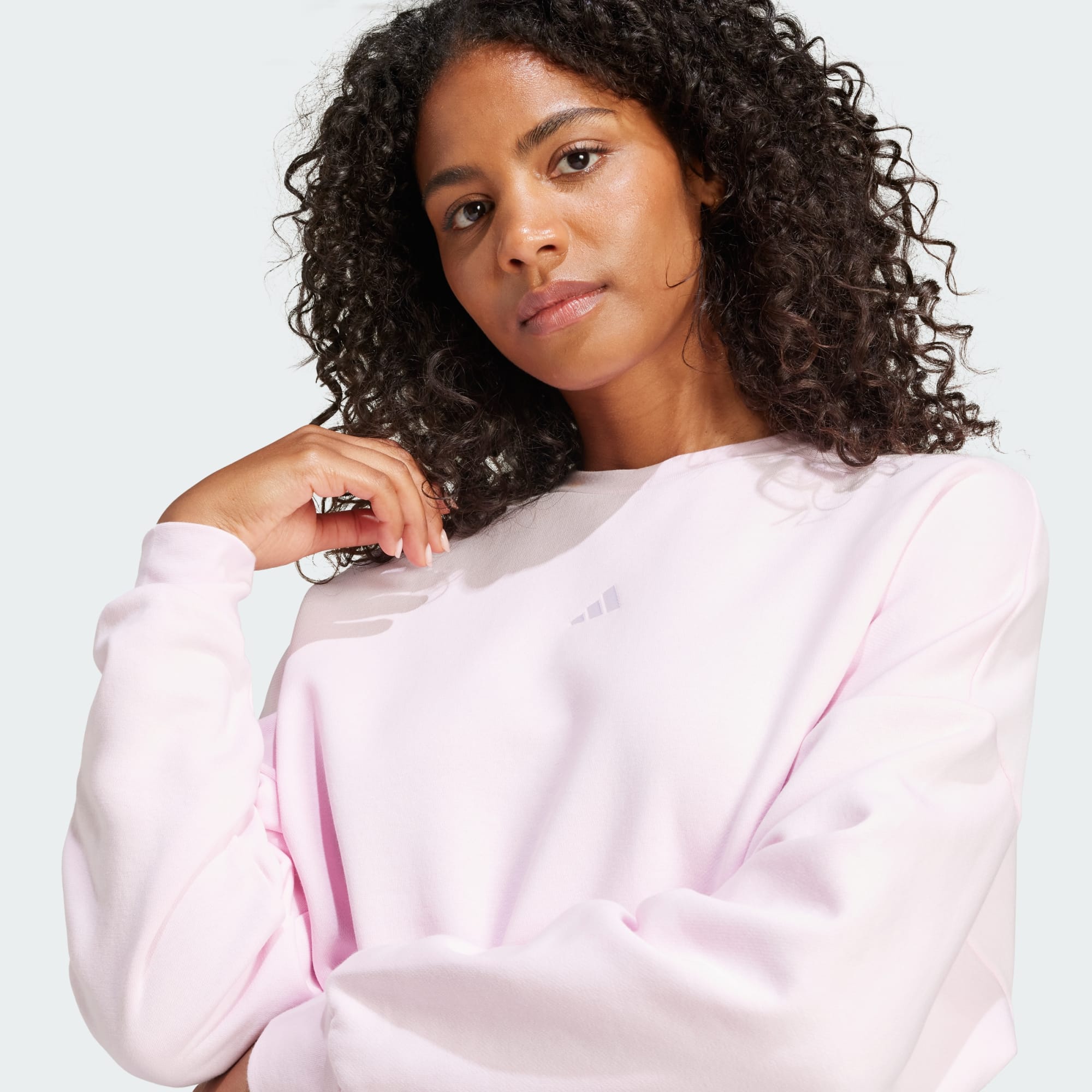 Adidas Women's Small Logo Feelcozy Fleece Crew Pink Sweatshirt
