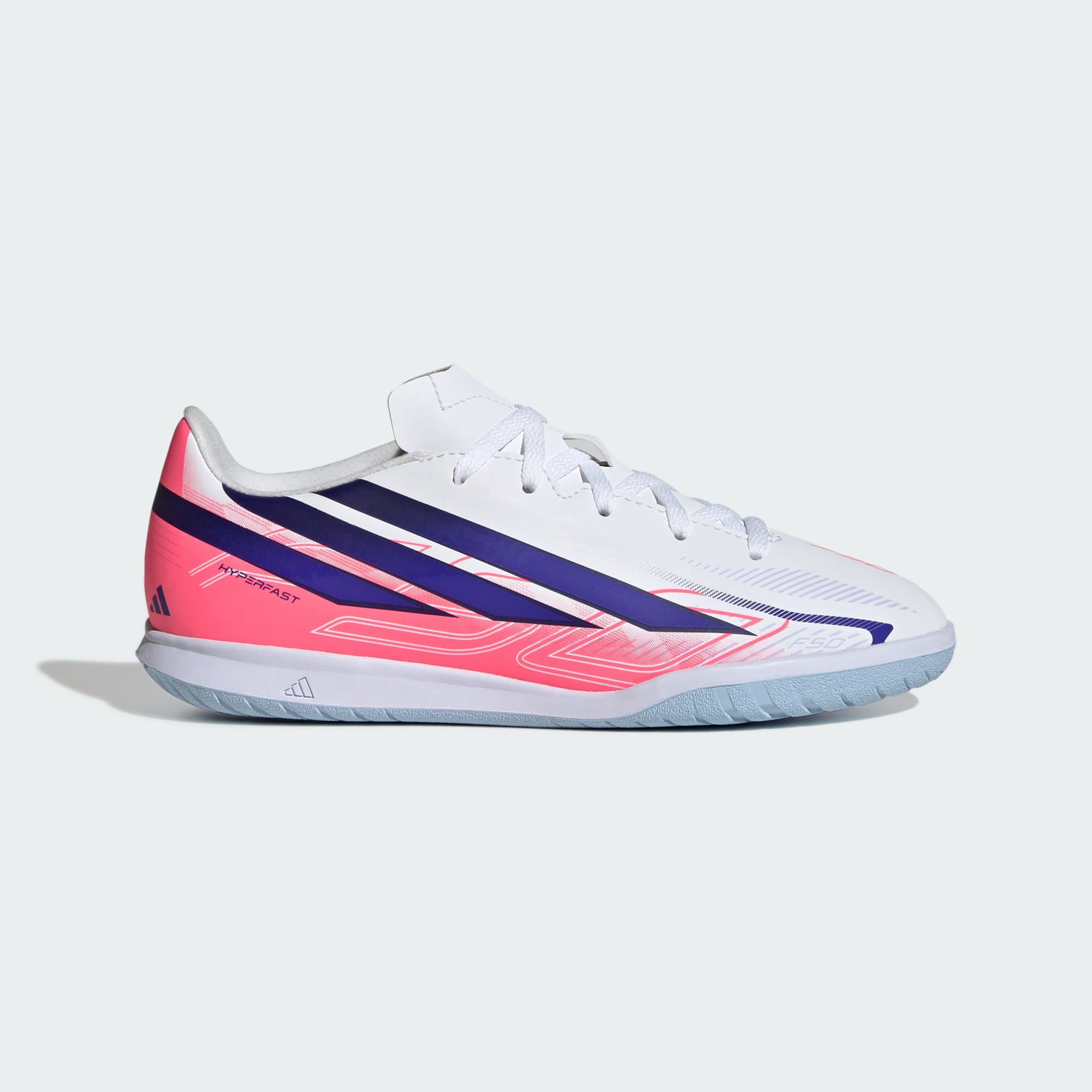 ADIDAS KID'S F50 HYPERFAST CLUB INDOOR WHITE/PURPLE FOOTBALL BOOTS