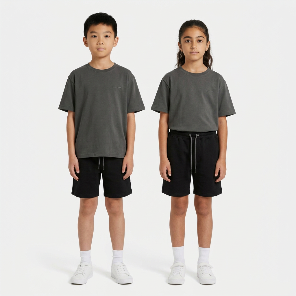 Boy and girl wearing the INSPORT kids Scuba tee in charcoal with black Scuba shorts