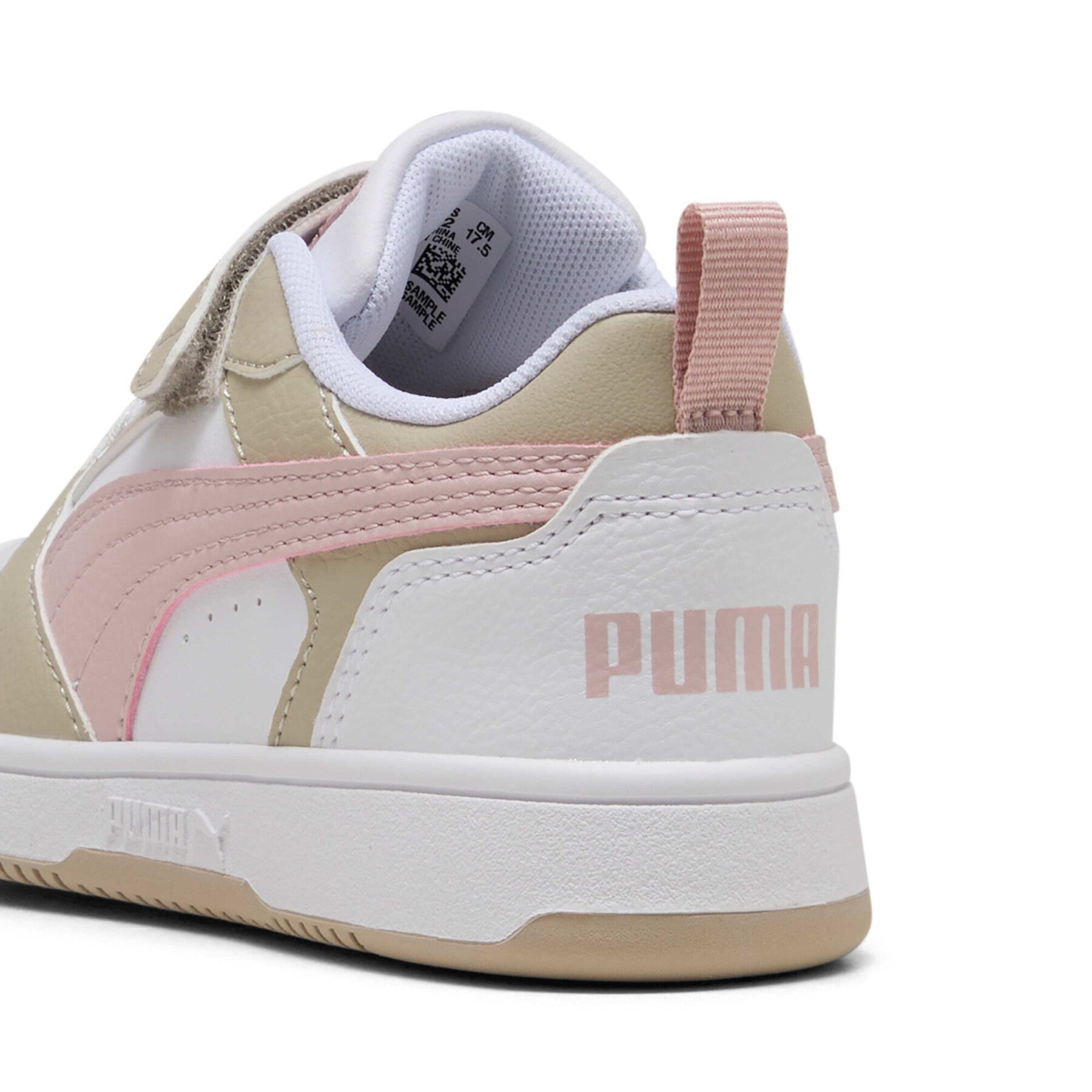 Puma Kids Rebound V6 Low Mid Hook N' Loop White/Dust/Pink Sneaker Shoes