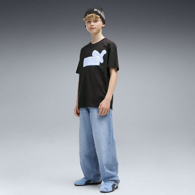 PUMA KID'S ESSENTIALS LOGO LAB RELAXED GRAPHIC BLACK/BLUE TEE