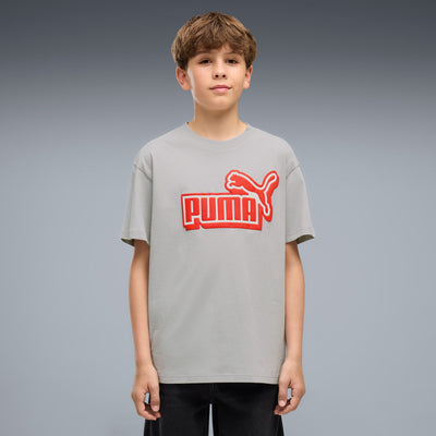 PUMA KID'S ESSENTIALS LOGO LAB RELAXED GRAPHIC GREY/RED TEE