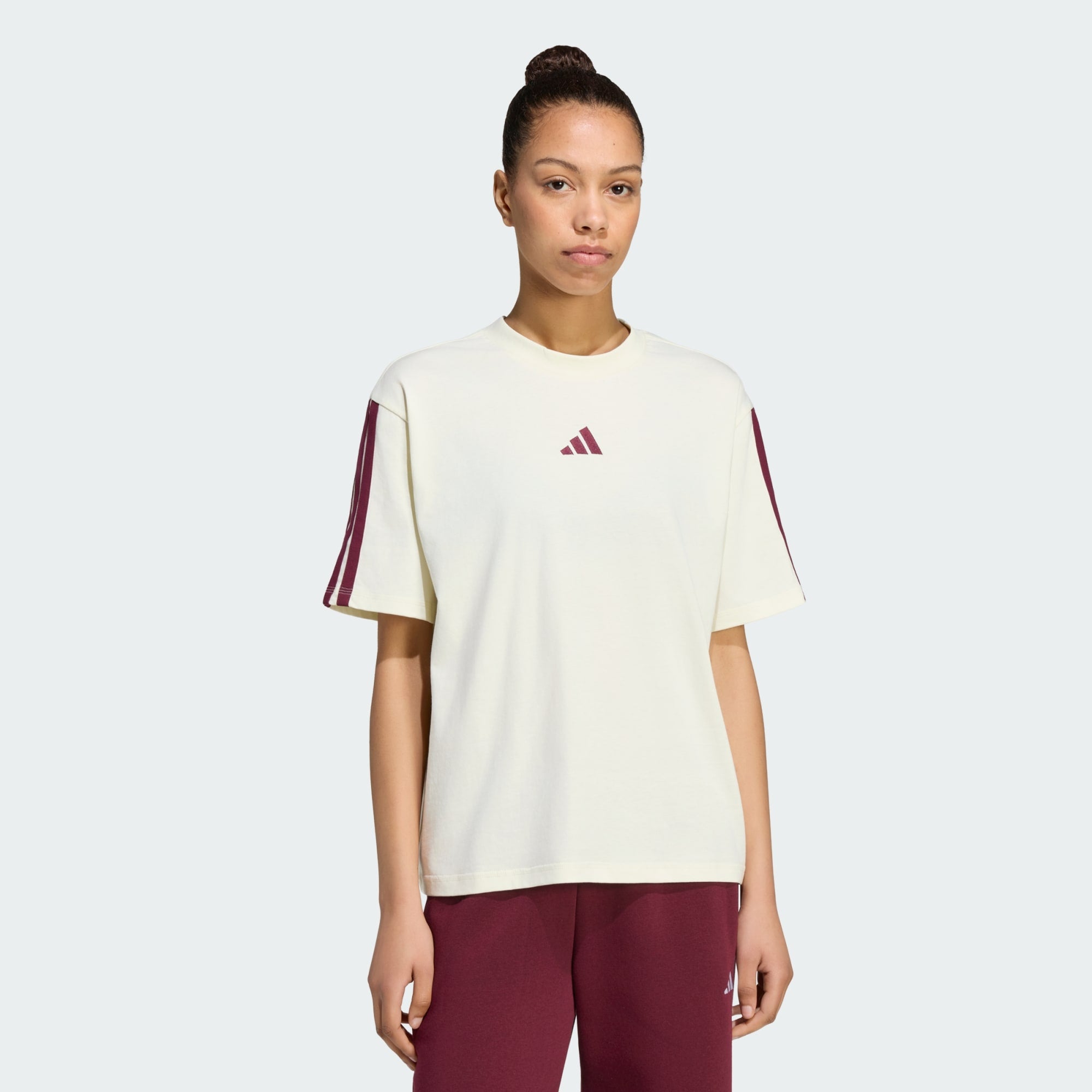 ADIDAS WOMEN'S ESSENTIALS 3-STRIPES BOYFRIEND IVORY/MAROON TEE
