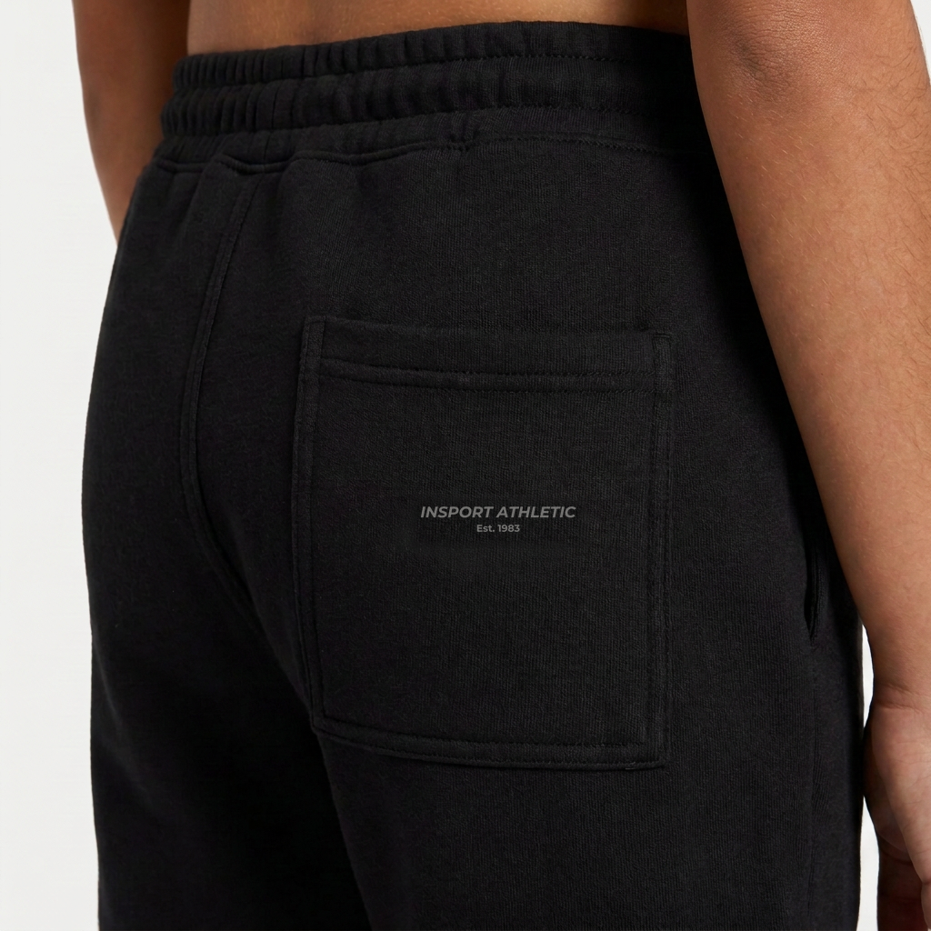 Close-up of the grey INSPORT Athletic Est. 1983 print on the back pocket of the kids black Scuba short