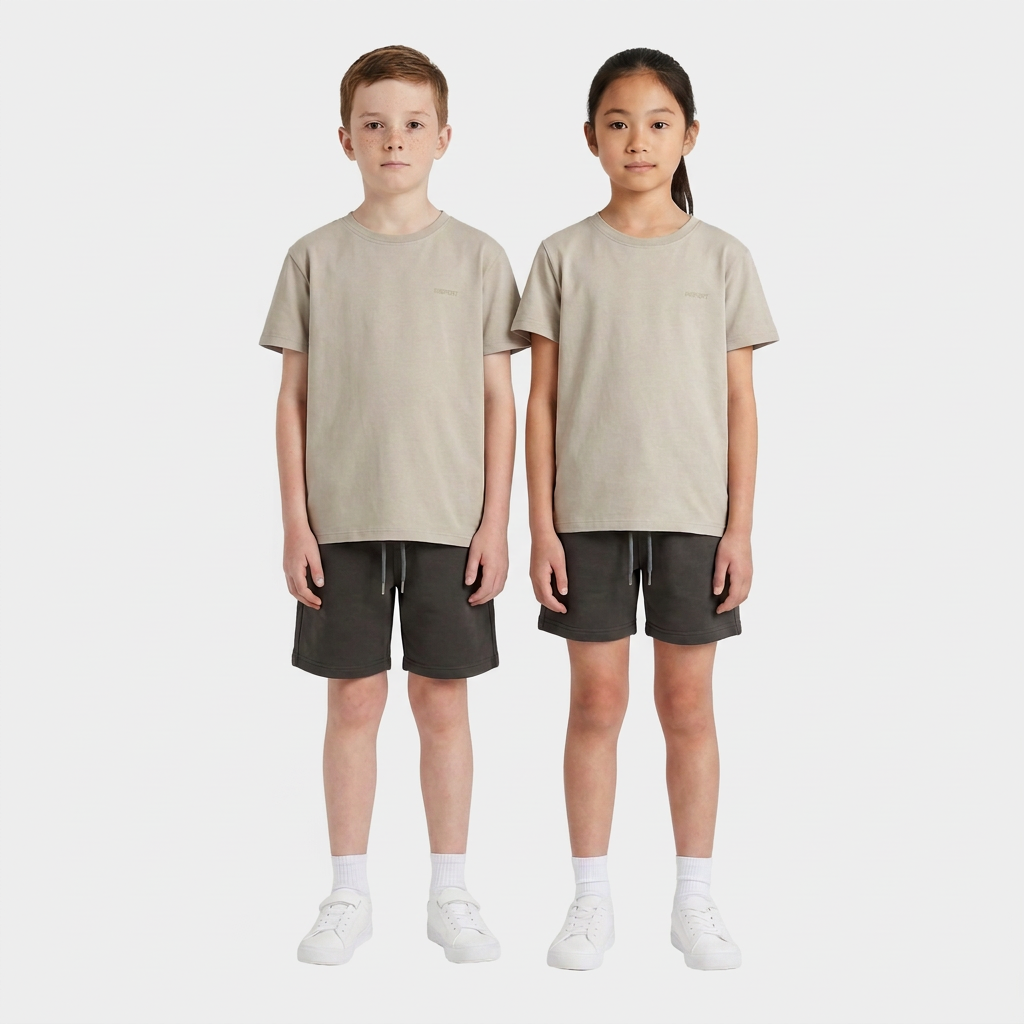 Boy and girl wearing the INSPORT kids Scuba tee in stone with charcoal Scuba shorts