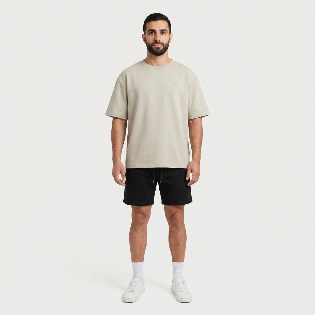 Full length view of the INSPORT mens Scuba short in black worn with the stone Scuba tee