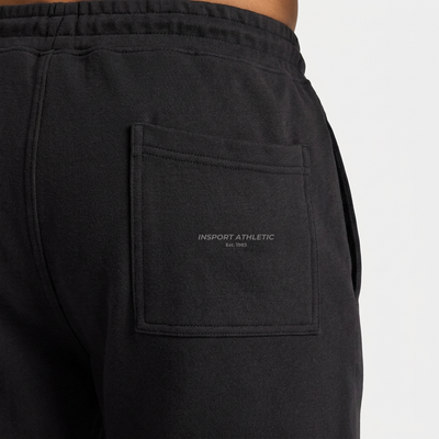 Close-up of the grey INSPORT Athletic Est. 1983 print on the back pocket of the black Scuba short