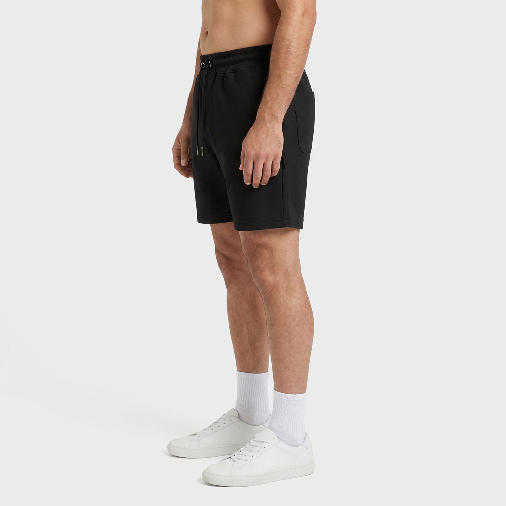 INSPORT mens Scuba short in black, side view showing side seam pocket