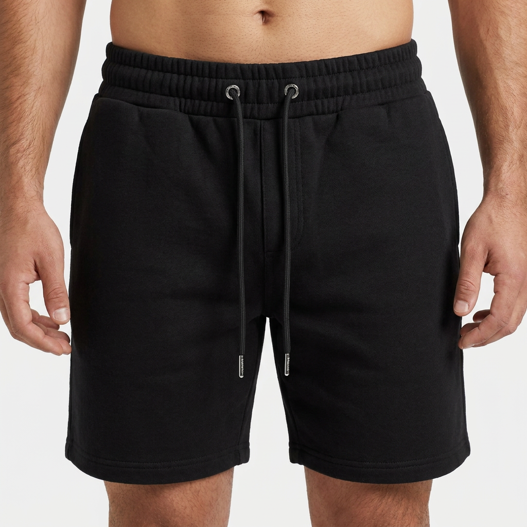 Close-up of the elasticated waistband and drawcord on the black Scuba short