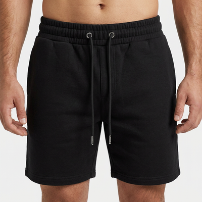 Close-up of the elasticated waistband and drawcord on the black Scuba short