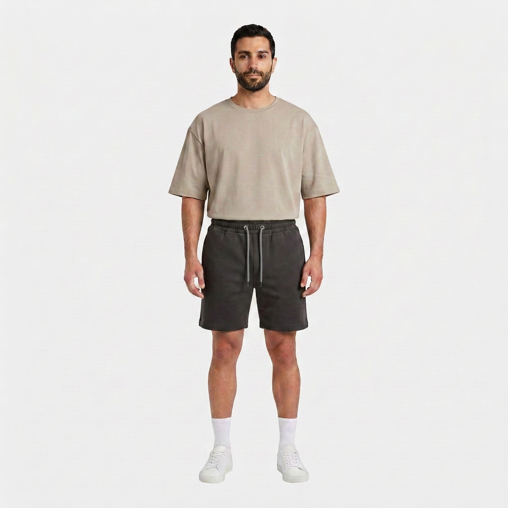 Full length view of the INSPORT mens Scuba short in charcoal worn with the stone Scuba tee
