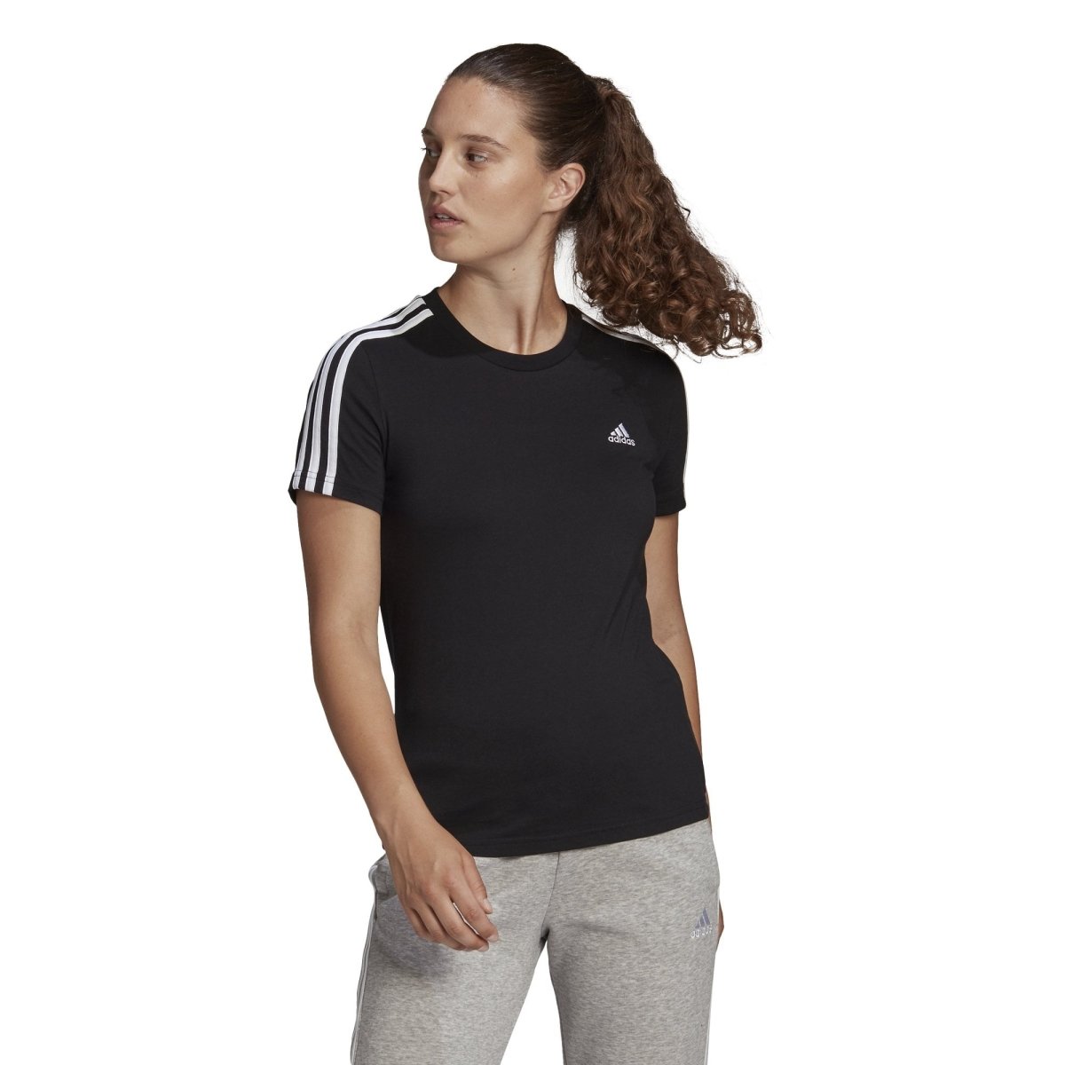 ADIDAS WOMEN S LOUNGEWEAR ESSENTIALS SLIM 3 STRIPES BLACK TEE