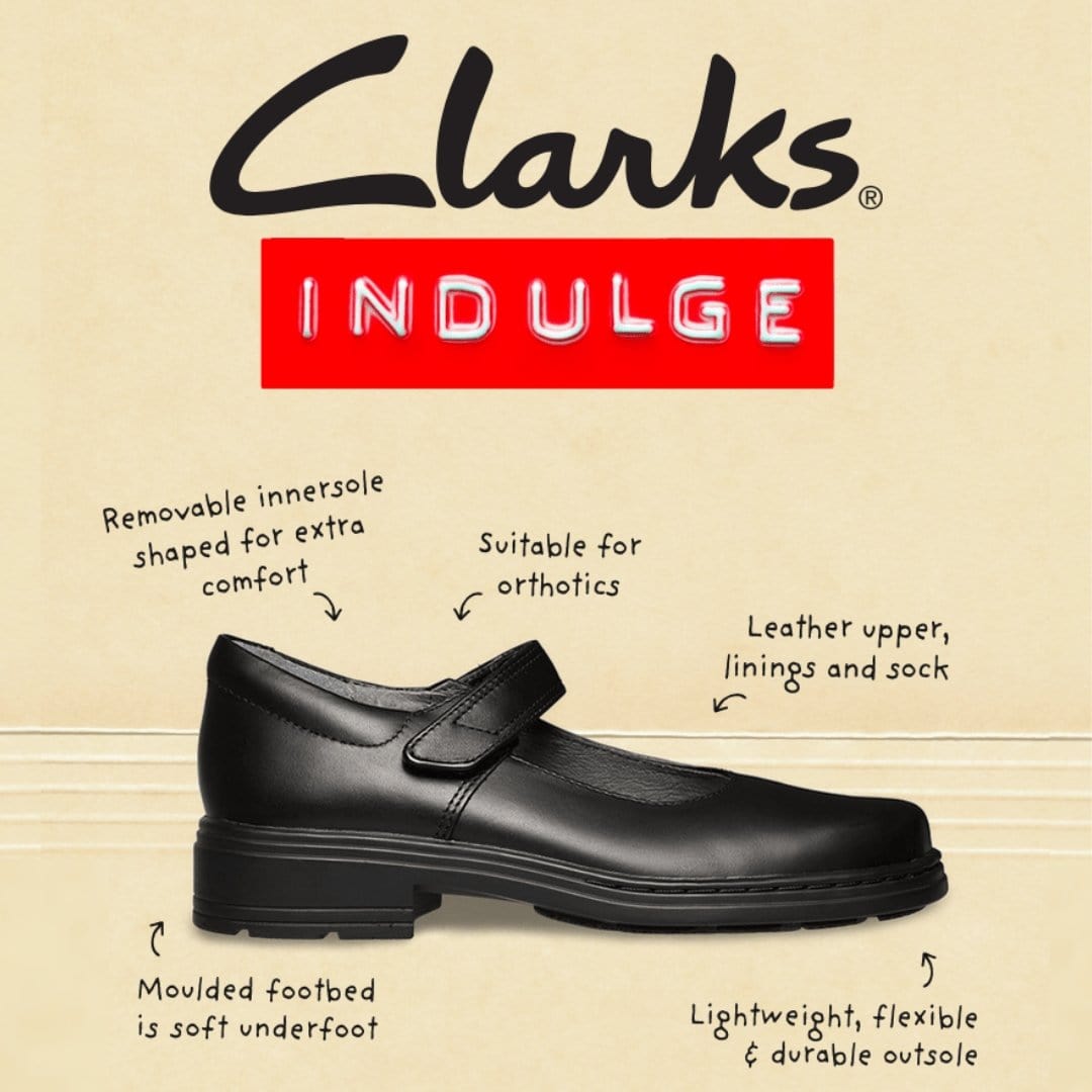 CLARKS JUNIOR INDULGE MARY JANE TRIPLE BLACK LEATHER SHOE WIDTH E