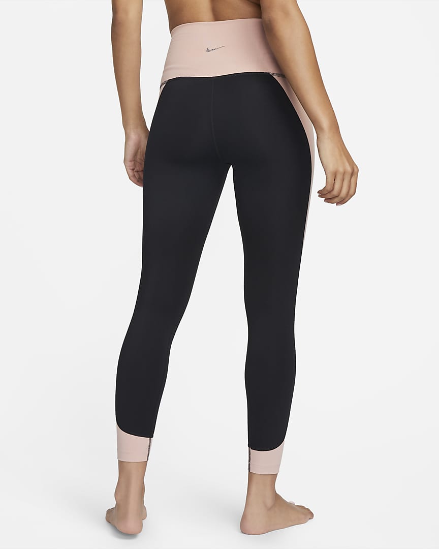 NIKE WOMEN'S YOGA HIGH-WAISTED 7/8 RIBBED-PANEL BLACK/PINK TIGHTS